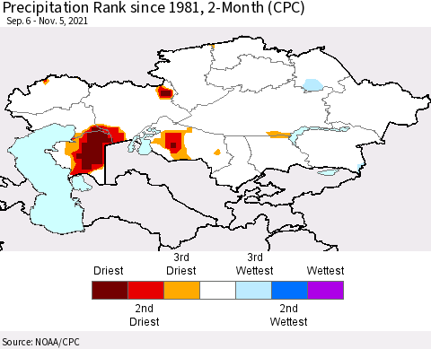 Kazakhstan Precipitation Rank since 1981, 2-Month (CPC) Thematic Map For 9/6/2021 - 11/5/2021