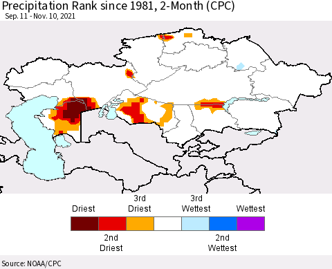 Kazakhstan Precipitation Rank since 1981, 2-Month (CPC) Thematic Map For 9/11/2021 - 11/10/2021