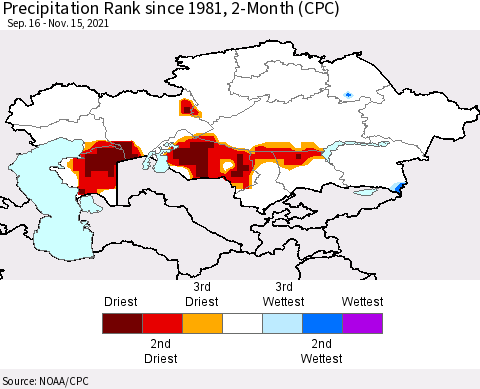 Kazakhstan Precipitation Rank since 1981, 2-Month (CPC) Thematic Map For 9/16/2021 - 11/15/2021
