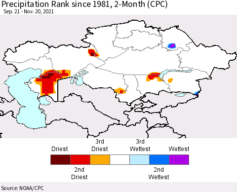 Kazakhstan Precipitation Rank since 1981, 2-Month (CPC) Thematic Map For 9/21/2021 - 11/20/2021
