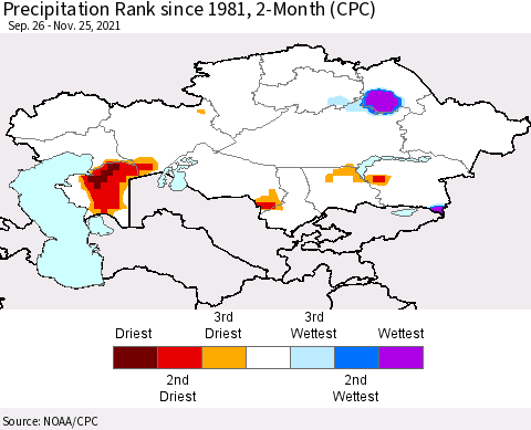 Kazakhstan Precipitation Rank since 1981, 2-Month (CPC) Thematic Map For 9/26/2021 - 11/25/2021