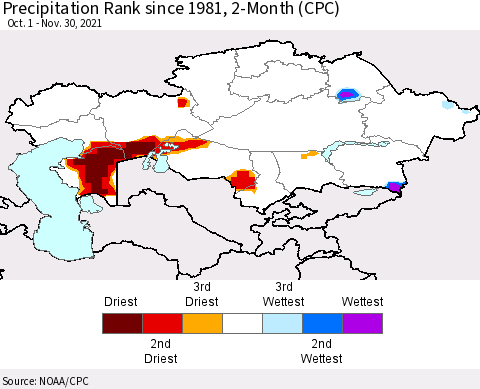 Kazakhstan Precipitation Rank since 1981, 2-Month (CPC) Thematic Map For 10/1/2021 - 11/30/2021