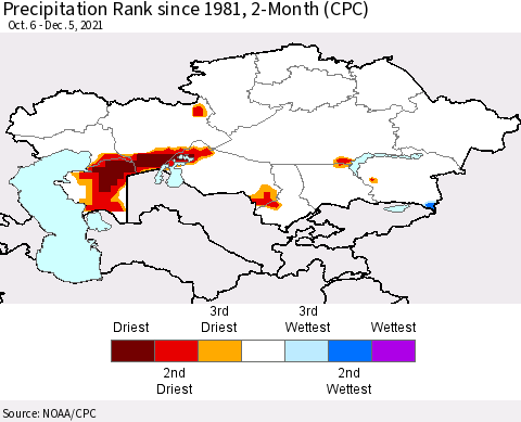 Kazakhstan Precipitation Rank since 1981, 2-Month (CPC) Thematic Map For 10/6/2021 - 12/5/2021
