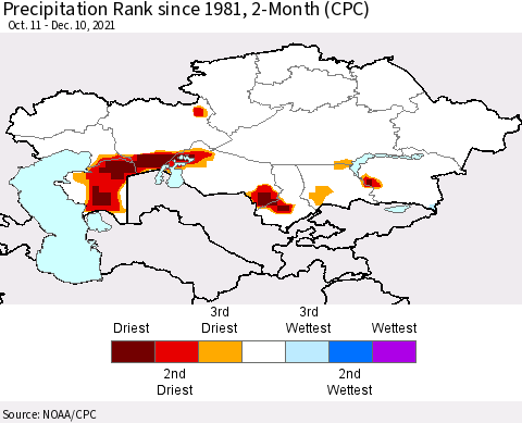 Kazakhstan Precipitation Rank since 1981, 2-Month (CPC) Thematic Map For 10/11/2021 - 12/10/2021