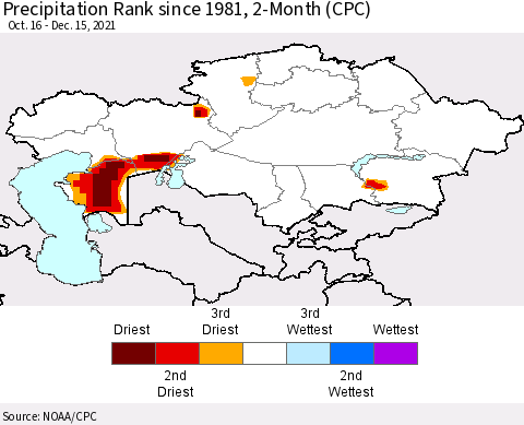 Kazakhstan Precipitation Rank since 1981, 2-Month (CPC) Thematic Map For 10/16/2021 - 12/15/2021