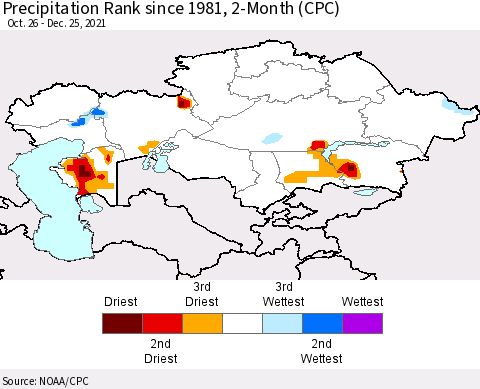 Kazakhstan Precipitation Rank since 1981, 2-Month (CPC) Thematic Map For 10/26/2021 - 12/25/2021