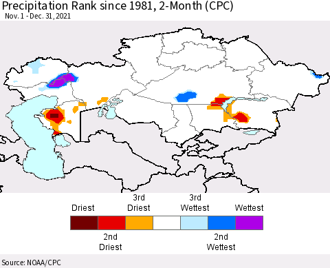 Kazakhstan Precipitation Rank since 1981, 2-Month (CPC) Thematic Map For 11/1/2021 - 12/31/2021