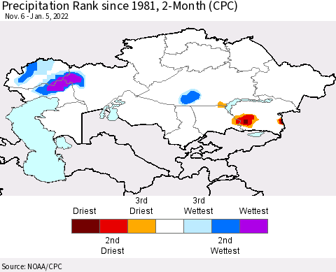 Kazakhstan Precipitation Rank since 1981, 2-Month (CPC) Thematic Map For 11/6/2021 - 1/5/2022