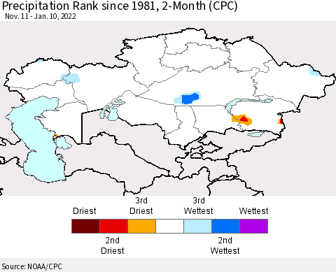 Kazakhstan Precipitation Rank since 1981, 2-Month (CPC) Thematic Map For 11/11/2021 - 1/10/2022