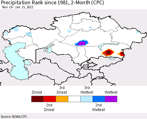 Kazakhstan Precipitation Rank since 1981, 2-Month (CPC) Thematic Map For 11/16/2021 - 1/15/2022