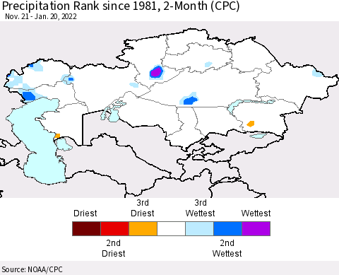Kazakhstan Precipitation Rank since 1981, 2-Month (CPC) Thematic Map For 11/21/2021 - 1/20/2022