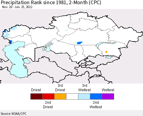 Kazakhstan Precipitation Rank since 1981, 2-Month (CPC) Thematic Map For 11/26/2021 - 1/25/2022