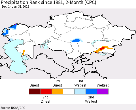 Kazakhstan Precipitation Rank since 1981, 2-Month (CPC) Thematic Map For 12/1/2021 - 1/31/2022