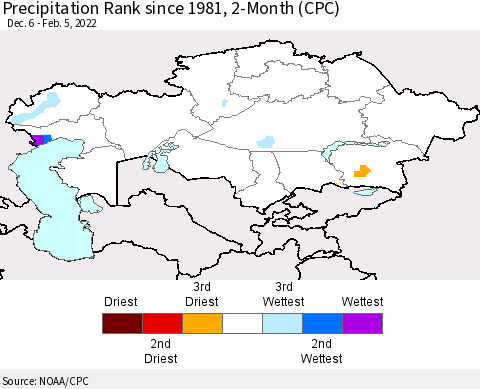 Kazakhstan Precipitation Rank since 1981, 2-Month (CPC) Thematic Map For 12/6/2021 - 2/5/2022