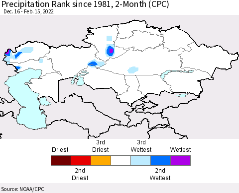 Kazakhstan Precipitation Rank since 1981, 2-Month (CPC) Thematic Map For 12/16/2021 - 2/15/2022