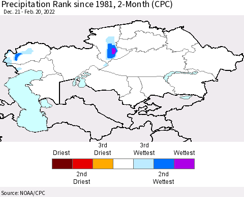 Kazakhstan Precipitation Rank since 1981, 2-Month (CPC) Thematic Map For 12/21/2021 - 2/20/2022