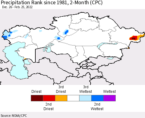 Kazakhstan Precipitation Rank since 1981, 2-Month (CPC) Thematic Map For 12/26/2021 - 2/25/2022