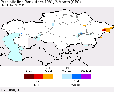 Kazakhstan Precipitation Rank since 1981, 2-Month (CPC) Thematic Map For 1/1/2022 - 2/28/2022