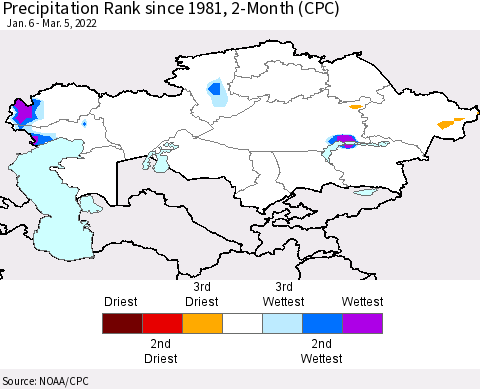 Kazakhstan Precipitation Rank since 1981, 2-Month (CPC) Thematic Map For 1/6/2022 - 3/5/2022