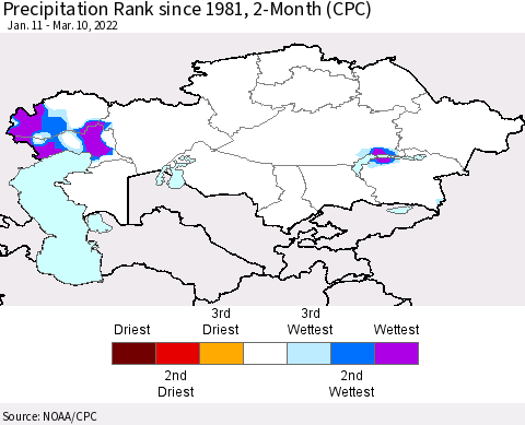 Kazakhstan Precipitation Rank since 1981, 2-Month (CPC) Thematic Map For 1/11/2022 - 3/10/2022