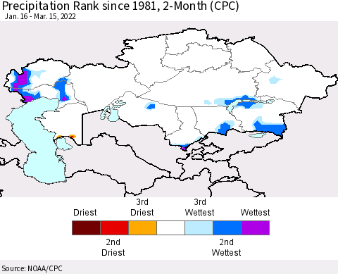 Kazakhstan Precipitation Rank since 1981, 2-Month (CPC) Thematic Map For 1/16/2022 - 3/15/2022
