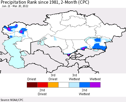 Kazakhstan Precipitation Rank since 1981, 2-Month (CPC) Thematic Map For 1/21/2022 - 3/20/2022