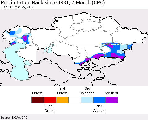Kazakhstan Precipitation Rank since 1981, 2-Month (CPC) Thematic Map For 1/26/2022 - 3/25/2022