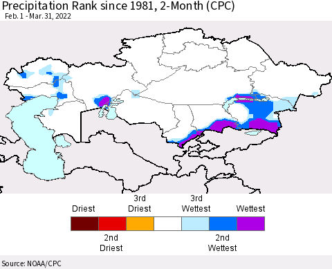 Kazakhstan Precipitation Rank since 1981, 2-Month (CPC) Thematic Map For 2/1/2022 - 3/31/2022