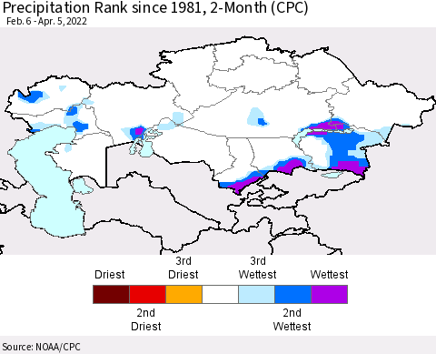 Kazakhstan Precipitation Rank since 1981, 2-Month (CPC) Thematic Map For 2/6/2022 - 4/5/2022