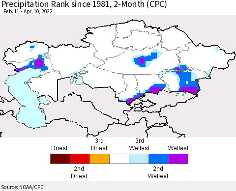 Kazakhstan Precipitation Rank since 1981, 2-Month (CPC) Thematic Map For 2/11/2022 - 4/10/2022