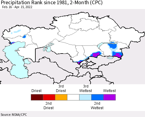 Kazakhstan Precipitation Rank since 1981, 2-Month (CPC) Thematic Map For 2/16/2022 - 4/15/2022