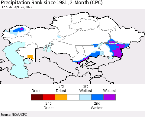 Kazakhstan Precipitation Rank since 1981, 2-Month (CPC) Thematic Map For 2/26/2022 - 4/25/2022