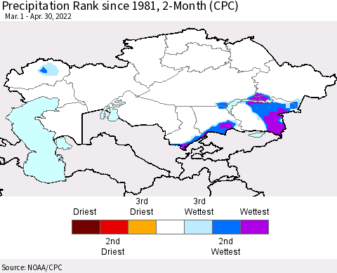 Kazakhstan Precipitation Rank since 1981, 2-Month (CPC) Thematic Map For 3/1/2022 - 4/30/2022