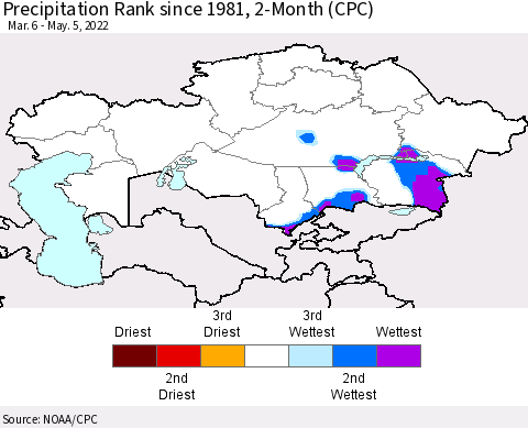 Kazakhstan Precipitation Rank since 1981, 2-Month (CPC) Thematic Map For 3/6/2022 - 5/5/2022