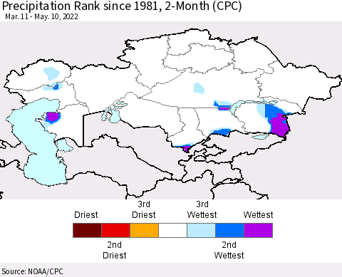 Kazakhstan Precipitation Rank since 1981, 2-Month (CPC) Thematic Map For 3/11/2022 - 5/10/2022
