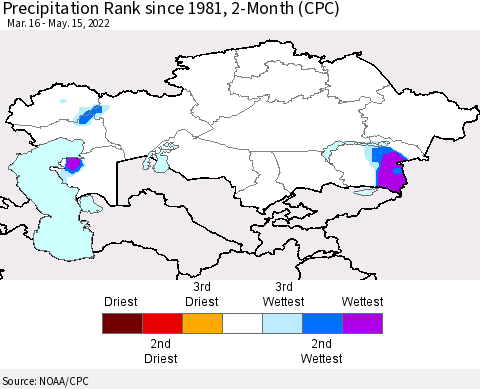 Kazakhstan Precipitation Rank since 1981, 2-Month (CPC) Thematic Map For 3/16/2022 - 5/15/2022