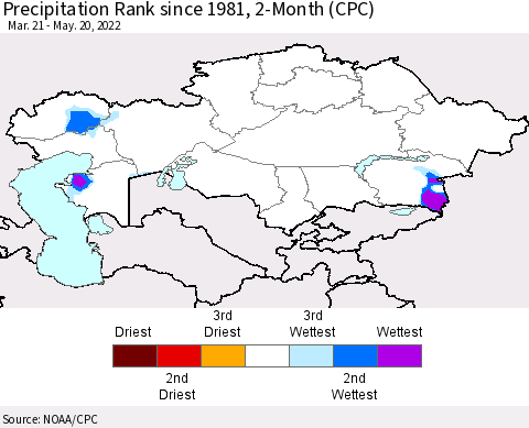 Kazakhstan Precipitation Rank since 1981, 2-Month (CPC) Thematic Map For 3/21/2022 - 5/20/2022