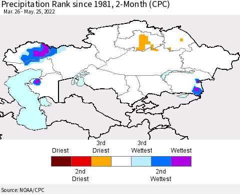 Kazakhstan Precipitation Rank since 1981, 2-Month (CPC) Thematic Map For 3/26/2022 - 5/25/2022