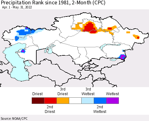 Kazakhstan Precipitation Rank since 1981, 2-Month (CPC) Thematic Map For 4/1/2022 - 5/31/2022
