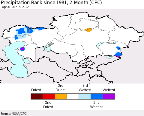 Kazakhstan Precipitation Rank since 1981, 2-Month (CPC) Thematic Map For 4/6/2022 - 6/5/2022