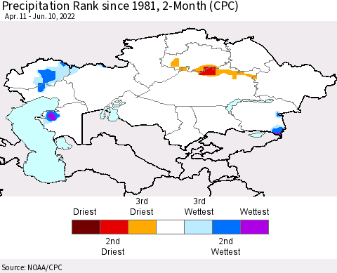 Kazakhstan Precipitation Rank since 1981, 2-Month (CPC) Thematic Map For 4/11/2022 - 6/10/2022