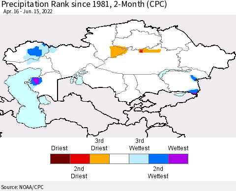 Kazakhstan Precipitation Rank since 1981, 2-Month (CPC) Thematic Map For 4/16/2022 - 6/15/2022