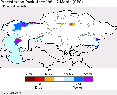 Kazakhstan Precipitation Rank since 1981, 2-Month (CPC) Thematic Map For 4/21/2022 - 6/20/2022