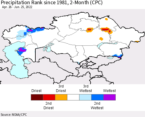 Kazakhstan Precipitation Rank since 1981, 2-Month (CPC) Thematic Map For 4/26/2022 - 6/25/2022