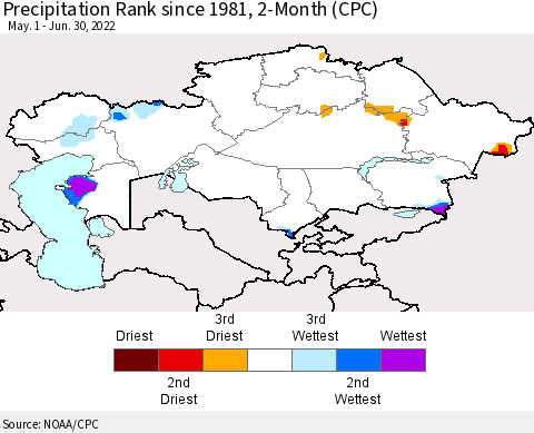 Kazakhstan Precipitation Rank since 1981, 2-Month (CPC) Thematic Map For 5/1/2022 - 6/30/2022