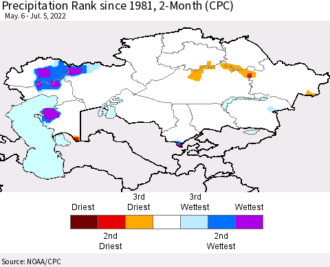 Kazakhstan Precipitation Rank since 1981, 2-Month (CPC) Thematic Map For 5/6/2022 - 7/5/2022