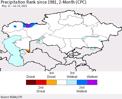 Kazakhstan Precipitation Rank since 1981, 2-Month (CPC) Thematic Map For 5/11/2022 - 7/10/2022