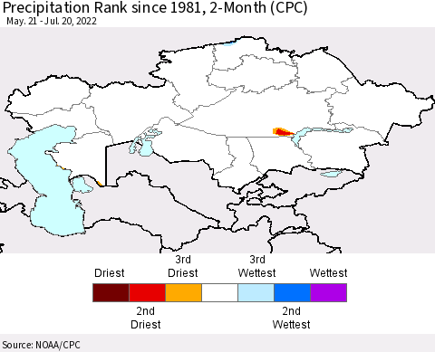 Kazakhstan Precipitation Rank since 1981, 2-Month (CPC) Thematic Map For 5/21/2022 - 7/20/2022