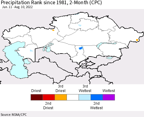 Kazakhstan Precipitation Rank since 1981, 2-Month (CPC) Thematic Map For 6/11/2022 - 8/10/2022