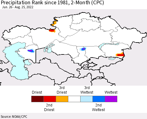 Kazakhstan Precipitation Rank since 1981, 2-Month (CPC) Thematic Map For 6/26/2022 - 8/25/2022
